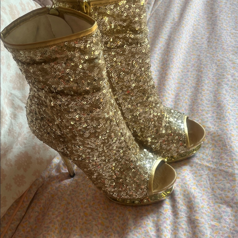 Pleaser Gold Sequin Peep-Toe Heels